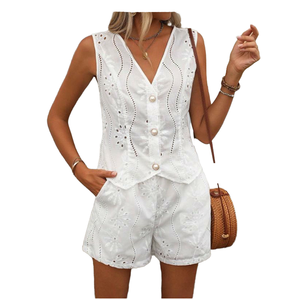Wholesale Fashion Women Summer Solid Color Casual Loose Ankle Polyester Daily Wear Hollow V-Neck Vest Button Shorts Set - Product Image 1