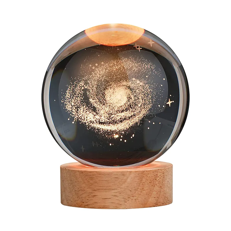 Glass Solar System Planet Sphere 3D Laser Engraved Galaxy Crystal Ball Lamp With Wood LED Light Base