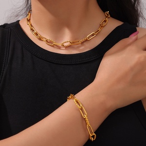 Hip Hop Fashion Jewelry <b>Set</b> 18K Gold Plated Stainless Steel Simple Twisted Paperclip Chain Necklace and <b>Bracelet</b> <b>Sets</b> for Women - Product Image 2