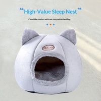 Lit rond pour chat avec design tête de chat, motif uni, respirant et imperméable, niche fermée de style villa pour chiens et chats