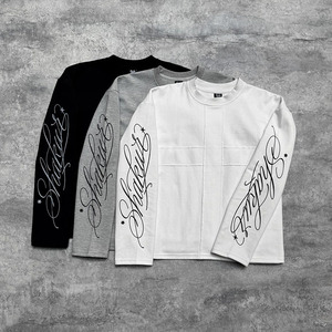 Camiseta Corta de Manga Larga con Hombros Caídos, Cuello Redondo, Estampado Personalizado, Letras, Algodón Grueso y Suave, Estilo Holgado y Acampanado - Product Image 1