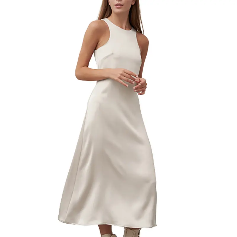 2023 High Quality Elegant Sleeveless Halter Party Lady Dresses Solid Vintage Satin O Neck A Line Slim Midi Dress For Evening