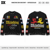 Sweat-shirt ras du cou en molleton vieilli 380 GSM personnalisé, avec logo en blocs superposés et bordure motif cheval rampant, fabrication OEM ODM, étiquette pour marques