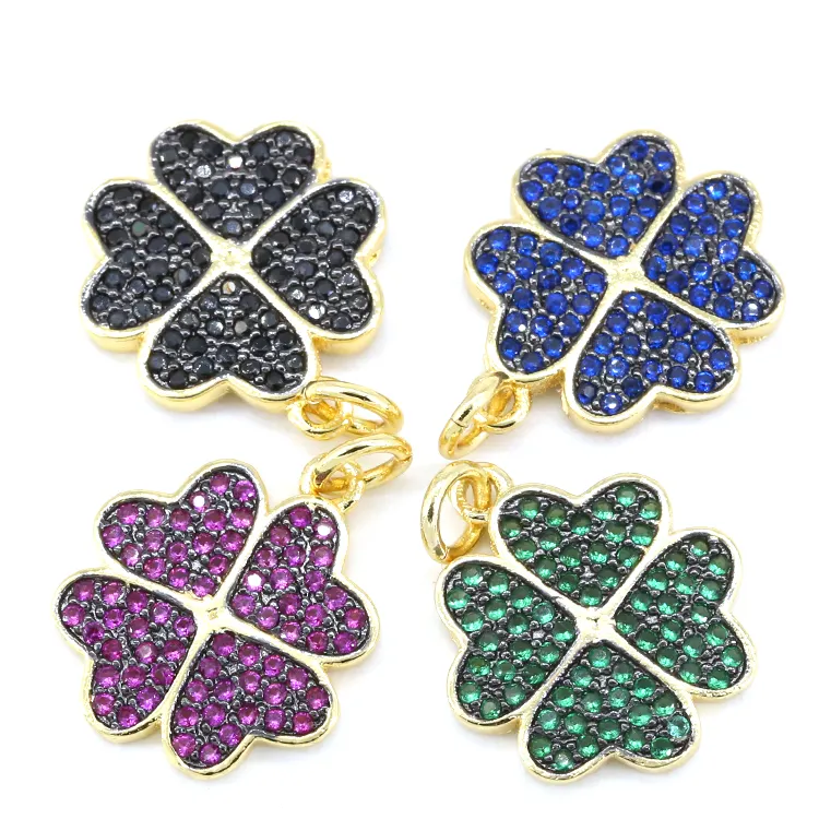 Brass Lucky Clover CZ Stone Micro Pave Pendant Charm For Women Jewelry