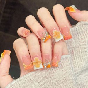 Uñas Acrílicas Y2K al por Mayor, Color Naranja y Rosa Degradado, con Flores 3D y Pedrería, 10 Piezas, Hechas a Mano y Personalizadas - Product Image 3