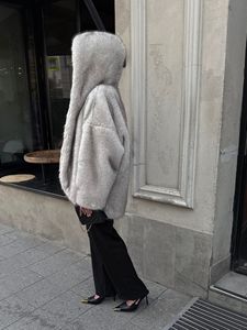 Manteau gris surdimensionné à capuche en fausse fourrure pour femme, veste d'hiver épaisse et chaude, style streetwear, pour dames - Product Image 3