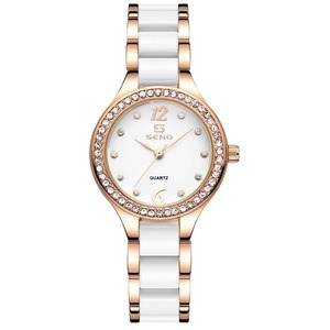 Nouvelle montre à quartz pour femme, couleur or rose, avec lunette en cristal, cadran blanc, bracelet en céramique, étanche, élégante, montre-bracelet de soirée - Product Image 2