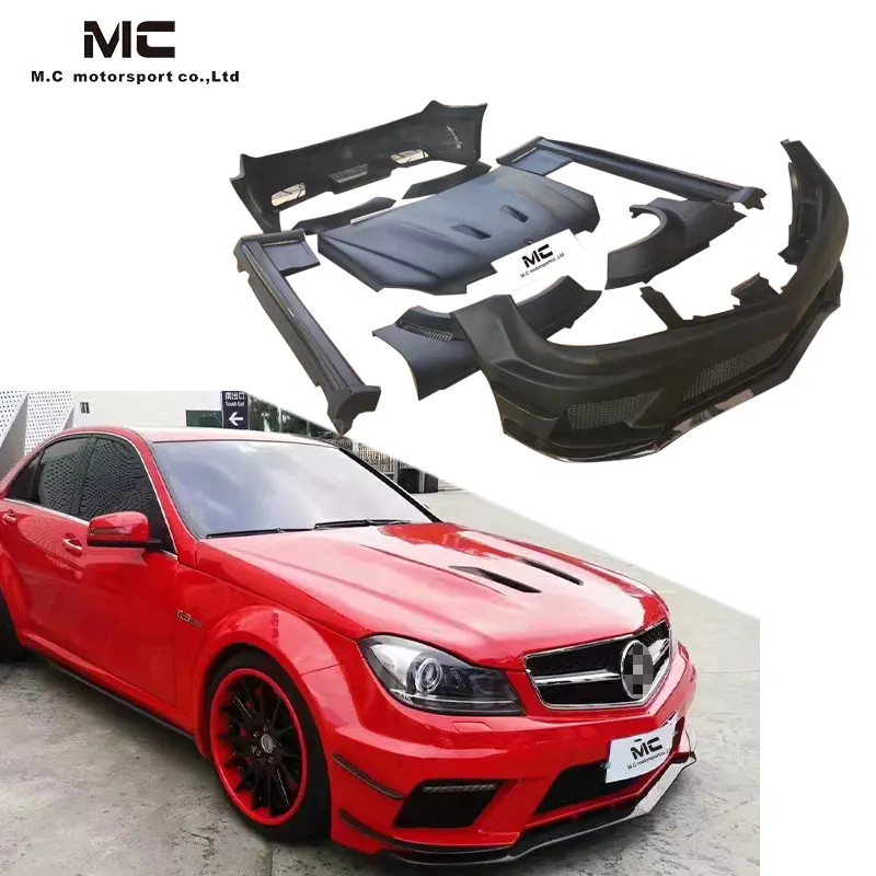 Fiberglass Front Rear Bumper Side Skirts Fenders Canard Hood Black Series Wide Body Kit for Mercedes Benz C-CLASS W204 C63 AMG