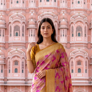 Sari de Seda con Estampado Floral Rosa Dorado Tradicional para Mujer, Estilo Indio-Pakistaní, Corte Regular, Largo hasta el Suelo, Sin Arrugas, para Bodas - Product Image 1