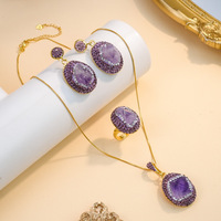 Parure de bijoux trois pièces vintage en améthyste brésilienne et alliage, boucles d'oreilles, bague et collier, pour femme, idéale pour les soirées, luxe léger, haut de gamme, transfrontalier