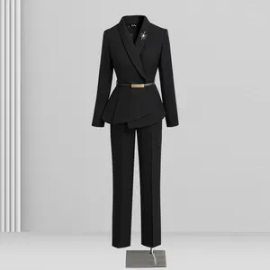 2024 Customized costume Women's Business suit Work Uniform 2 Piece suit Navy Blue Hotel Bank Manager Employee formal Workwear