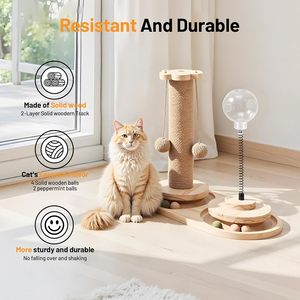 <strong>Cat</strong> Scratching Post Is Equipped with a <strong>Cat</strong> Food Feeder, a <strong>Cat</strong> Teaser Stick, and a Double-layer Wooden Track Ball Toy. - Product Image 4