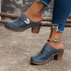 European and American Thick Heel Toe Half <b>Slippers</b> for Women Summer New Style <b>Big</b> Hollow Studded High-heeled <b>Slippers</b> 43 - Product Image 1
