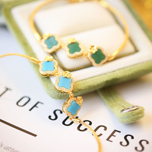 Bracciale Vintage Aimgal con Quadrifoglio, Giada <span class=keywords><strong>Africana</strong></span> Naturale e Turchese Intarsiati, Placcato Oro 18k, Argento 925, Lusso Trendy - Product Image 1