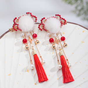 Liquidación de accesorios para el cabello Hanfu, pinzas para el cabello infantiles, pompones, borlas rojas, accesorios de estilo antiguo, adornos festivos para el cabello - Product Image 2