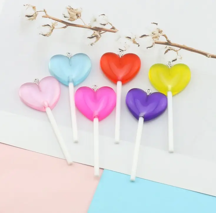 Lollipop Charms Transparent Heart Shape Glitter Resin Candy Pendant Accessories Jewelry DIY 27*29mm