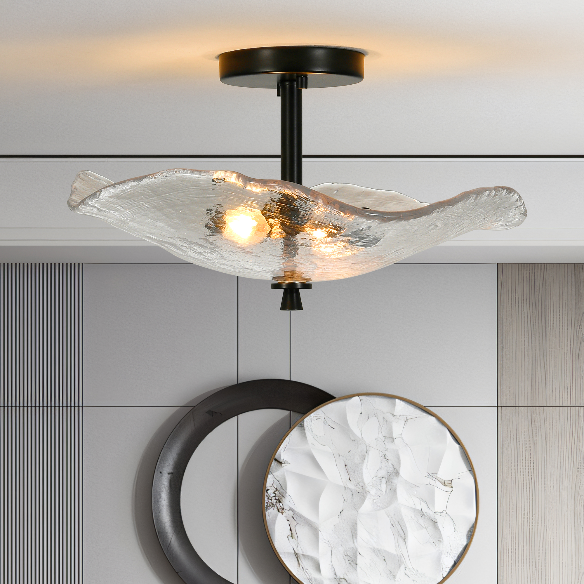 Ship in USA,Ceiling Light Fixtures Flush Mount Indoor Ceiling Light with Water Ripple Glass Shade for Hallway Kitchen(Black)