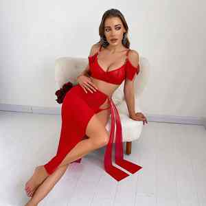 Conjunto de lencería sexy para mujer, vestido largo de malla con hombros descubiertos y abertura alta, transpirable - Product Image 3