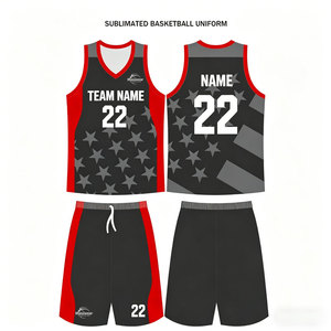 Ensemble de maillot de basket personnalisé sublimé à rayures étoilées - Maillot et short de sport imprimés étoiles noires et rouges avec nom et numéro d'équipe - Product Image 2
