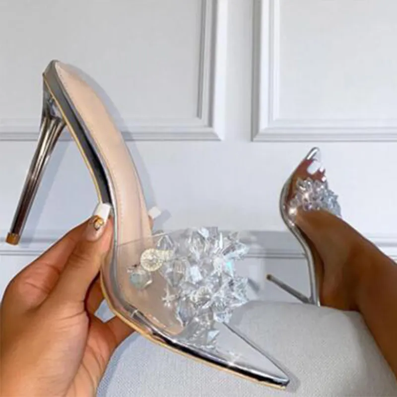 Sandali da donna con tacco sottile a punta di fiore di cristallo trasparente nuova estate scarpe in gomma PU estate donna diapositive sandali pantofole