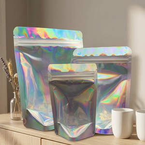 Custom Printed Transparent Holographic Laser Film Heat Seal Zipper Mylar <b>Bag</b> with Clear Window and Zipper Lock Food Packaging - Product Image 2