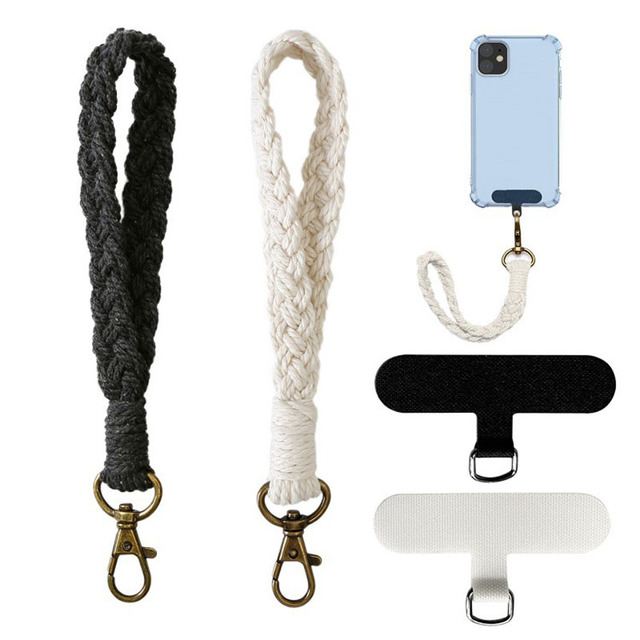 Handmade Macrame Keychain Phone Bag Card Holder Wrist Strap Black and White Fashion Cell Phone Case Wrist Lanyard