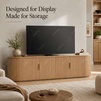 Meuble TV en chêne artisanal de prestige, console à 4 portes à lattes cannelées pour villa de luxe, meuble multimédia, centre de divertissement basse en hauteur