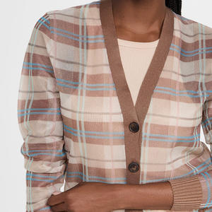 Wholesale <b>Women's</b> Fashion Long Sleeve <b>Cardigan</b> Silk V-Neck <b>Crop</b> Knit Pullover with Plaid Print Casual Style Winter Wear - Product Image 1