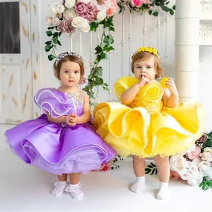 <span class=keywords><strong>Vestido</strong></span> de niña de flores con lazo <span class=keywords><strong>amarillo</strong></span> <span class=keywords><strong>para</strong></span> boda, volantes hinchados, hasta la rodilla púrpura con vestidos de baile <span class=keywords><strong>para</strong></span> fiesta de cumpleaños de primera comunión - Product Image 2