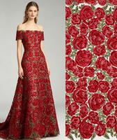 Tulle blanc, velours rouge, rose, broderie florale sur toute la surface, tissu multicolores, stock disponible, livraison rapide, États-Unis, Europe, Moyen-Orient
