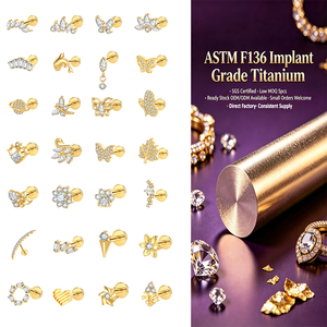 Vente en gros de bijoux de <span class=keywords><strong>piercing</strong></span> hypoallergéniques en titane ASTM F136 plaqué or 18 carats avec zircon, filetage interne, pour labret, hélix et lèvre, 16G - Product Image 1