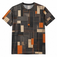 T-shirt à manches courtes en popeline 3D AOP pour homme, 100% polyester, gris anthracite, motif quadrillé orange, séchage rapide, respirant, col rond, expédition immédiate