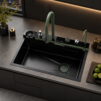 Set Wastafel Dapur Modern Hijau Pintar dari Baja Tahan Karat dengan Keran Air Terjun dan Panel Kontrol Tujuh Fungsi
