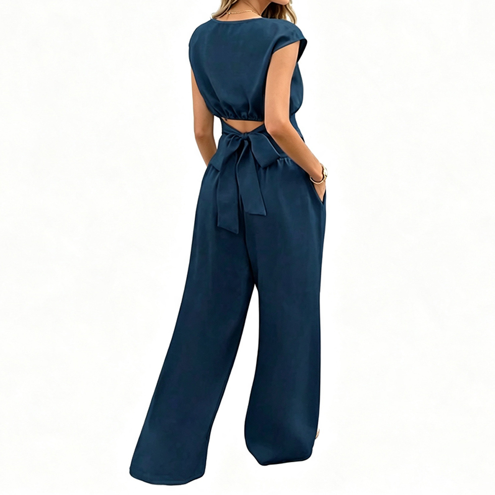 Custom Women Regular Fit Two Piece Outfit Cap Sleeve Crop Top Back Tie Cutout High Waist Wide Leg Pants Ladies Daily Casual Set · image 5