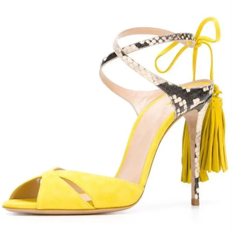 XINZI RAIN 2023 Summer Ladies Sandals Yellow Blue Snakeskin Peep Toe Ankle Strap Women High Heel Stiletto Sandals With Tassels