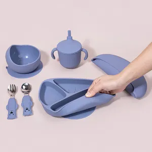 6 Stuks Set Selectie Van Kinderen Servies Set Kleurrijke Baby Bib Bowl Diner Bord Lepel Vork Water Cup Baby Siliconen Servies Set