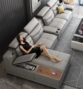 Nouvel arrivage de meubles sectionnels en forme de L, canapé d'angle en cuir, ensemble de canapé de salon bon marché avec chaise
