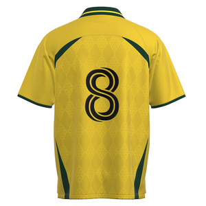 Maillot de football américain HEALY jaune et vert foncé contrastant, imprimé avec un badge géométrique en relief, col en V, manches courtes, chemises de sport pour hommes - Product Image 3
