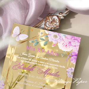 Enveloppe d'invitation de mariage de luxe en acrylique transparent rose pailleté avec doublure florale orchidée blanche et rose, impression personnalisée - Product Image 3