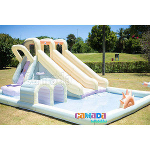 Precio de fábrica Plataforma inflable Piscina Castillo Macaron Color Castillo inflable Tobogán Piscina Combinación con aros de baloncesto - Product Image 3