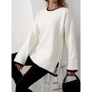 Suéter Blanco con Ribete en Contraste y Abertura Lateral, Top de Punto de Manga Larga para Mujer - Product Image 1