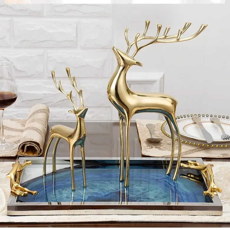 Suministros de decoración de navidad, adornos de mesa de navidad, estatua de venado dorado de bronce y cobre