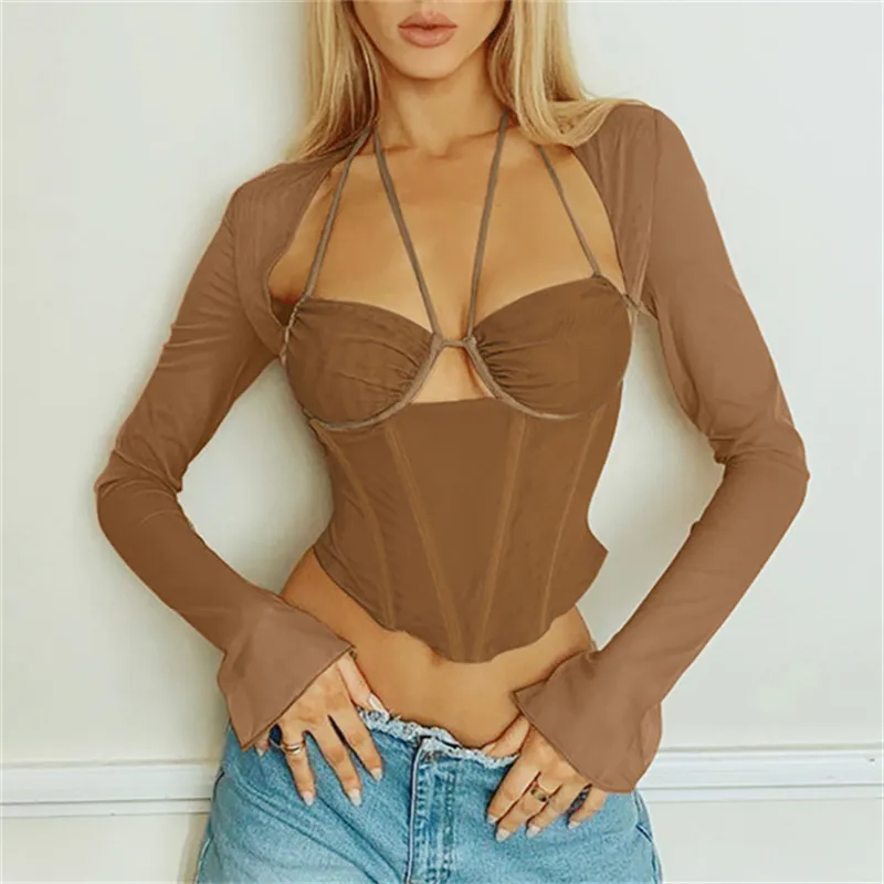 2023 new women's sexy mesh long-sleeved corset hollow-out navel exposed irregular top for ladies