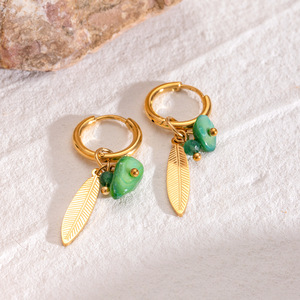 Pendientes de hebilla de oreja de pluma dorada <span class=keywords><strong>con</strong></span> hoja de piedra Natural de acero inoxidable Vintage estilo de <span class=keywords><strong>aro</strong></span> <span class=keywords><strong>con</strong></span> Jade como piedra principal - Product Image 3