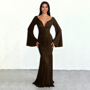 Robe de soirée élégante en mousseline de soie naturelle d'automne, col en V profond, couleur unie, robe moulante avec manches trompette plissées, longueur au sol - Product Image 4