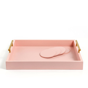 Pink Serving <b>Tray</b> With Gold Handles And Coasters For Coffee <b>Tea</b> Hotel Use - Product Image 1