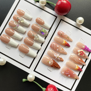 <span class=keywords><strong>Uñas</strong></span> Postizas Acrílicas Hechas a Mano, Estilo Francés Y2K, 10 Piezas, con <span class=keywords><strong>Flores</strong></span> Talladas, Brillantes y Glamorosas, Pintadas a Mano, Venta al Por Mayor - Product Image 1