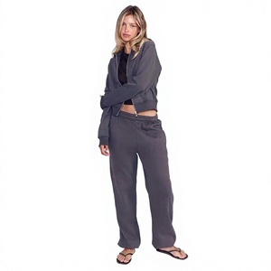 Ensemble de survêtement décontracté 2 pièces gris pour femme, sweat-shirt court zippé et pantalon de jogging en molleton à manches longues, coupe ample, toutes saisons - Product Image 1