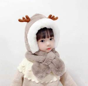 Children's <b>Hat</b> with Scarf Thickened Warm Plush Cute Baby Antler Ear Protection Winter <b>Hats</b> <b>for</b> Kids Beach Business - Product Image 3