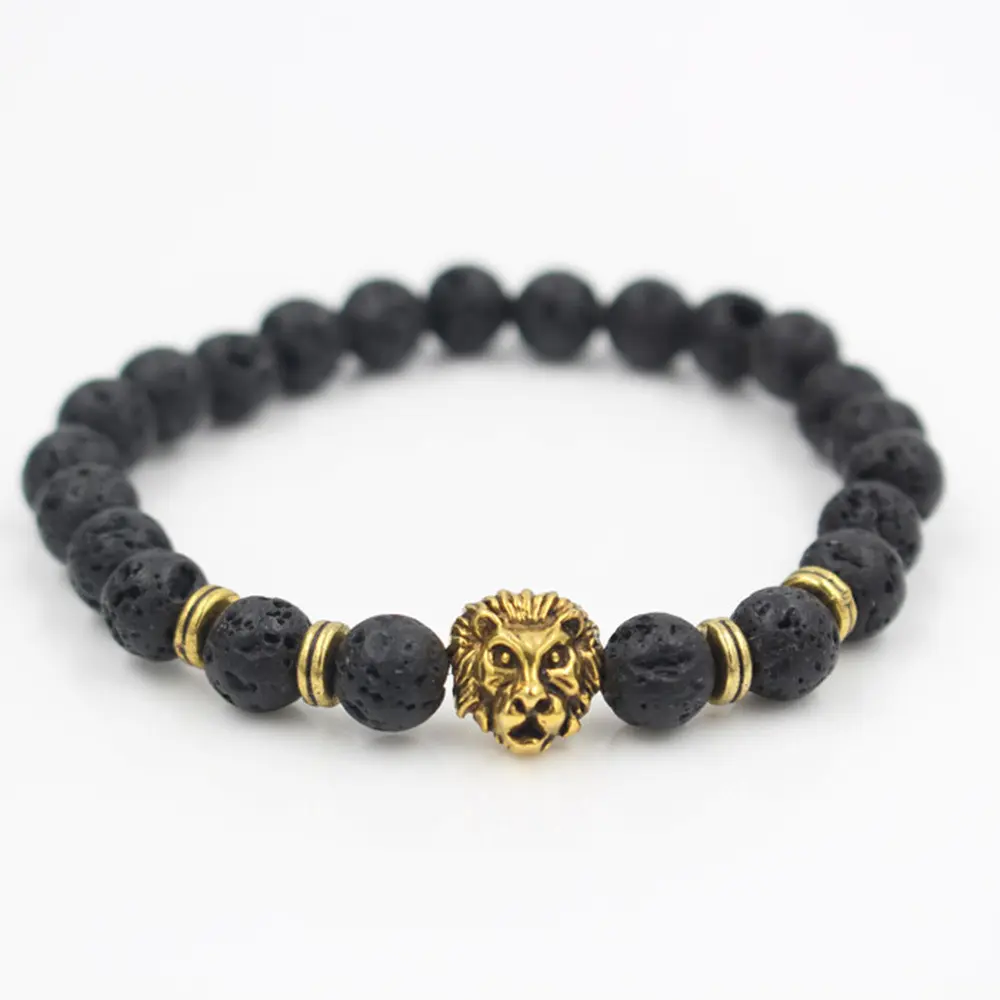 Gelang kepala singa emas perak pria, grosir murah elastis elastis manik-manik hitam alami batu Lava